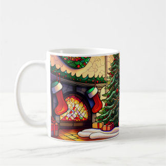 Christmas Fireplace Scene in Stained Glass Coffee Mug