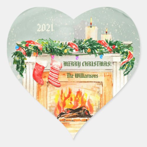 Christmas Fireplace Scene Snow Globe Effect Name  Heart Sticker