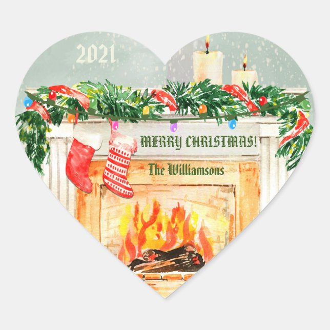 Christmas Fireplace Scene Snow Globe Effect Name  Heart Sticker (Front)