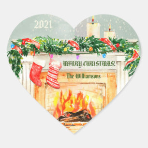 Christmas Fireplace Scene Snow Globe Effect Name  Heart Sticker