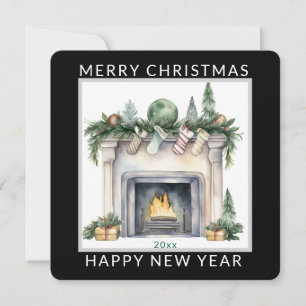Christmas Fireplace Scene with Stockings Editable Holiday Card