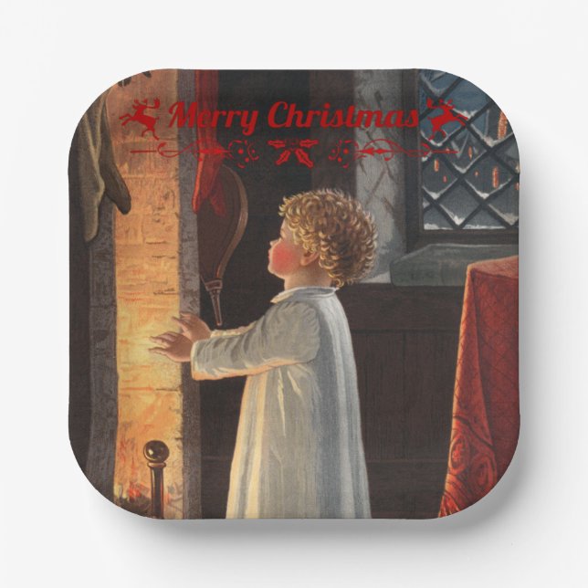 Christmas fireplace, stockings and a child  paper plates (Front)