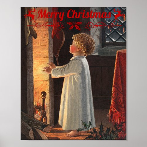 Christmas fireplace stockings and a child  poster
