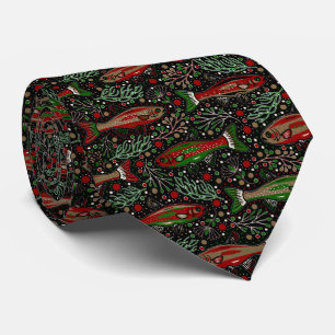 Christmas Fish Red Green Trout Freshwater Fishing Neck Tie