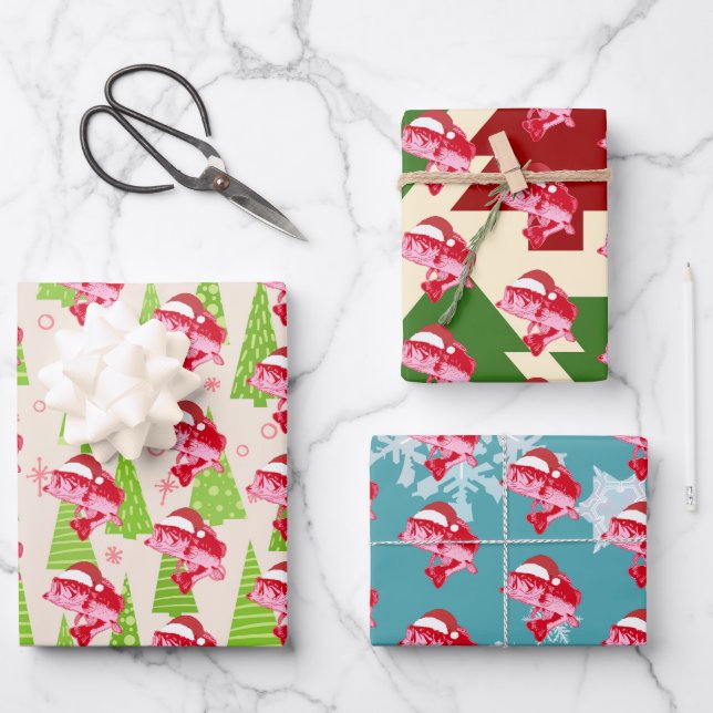 Christmas Fish Santa Hat Funny Fishing Wrapping Paper Sheets (Front)