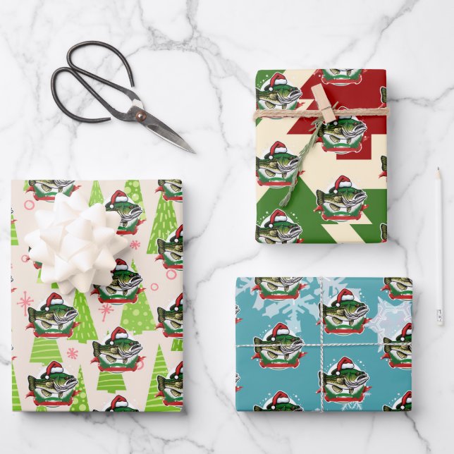 Christmas Fish Santa Hat Funny Fishing Wrapping Paper Sheets (Front)
