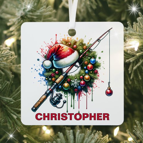 Christmas Fishing Lover Custom Name Metal Ornament