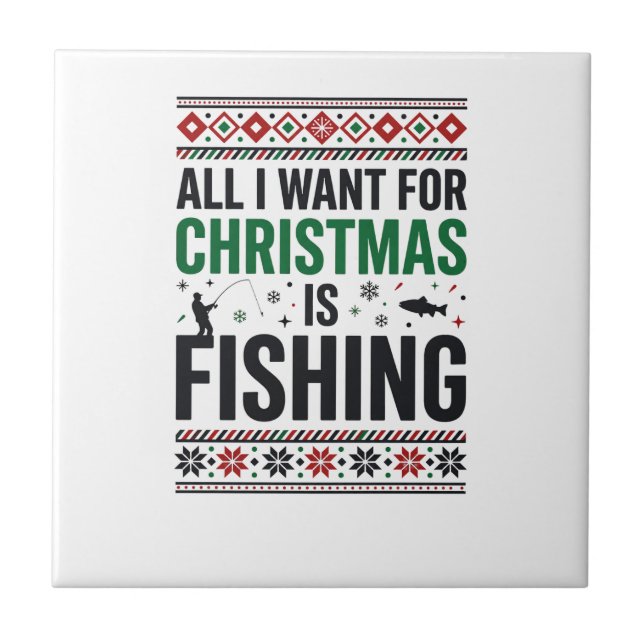 Christmas Fishing Ugly Sweater Design Ceramic Tile (Front)