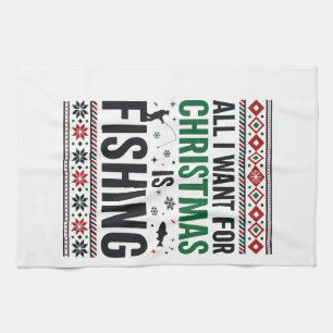 Christmas Fishing Ugly Sweater Design Kitchen Towel