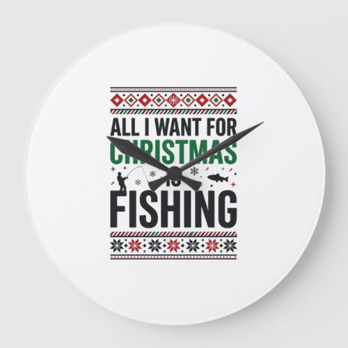 Christmas Fishing Ugly Sweater Design Large Clock