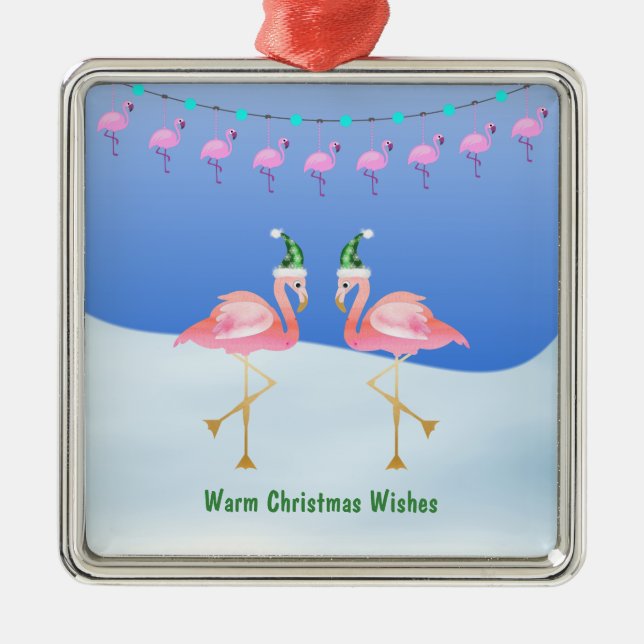 Christmas Flamingo and Lights - Warm Wishes Metal Ornament (Front)