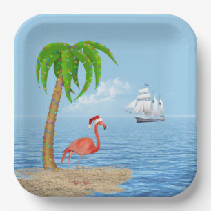 Christmas Flamingo and Palm Tree Paper Plates