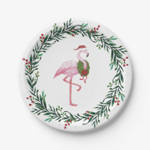 Christmas Flamingo and Wreath Party Paper Plates