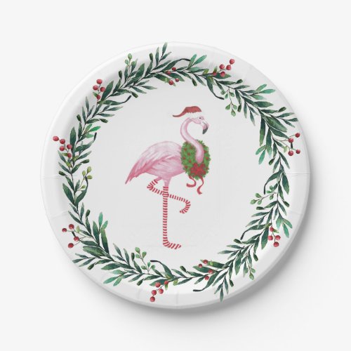 Christmas Flamingo and Wreath Party Paper Plates