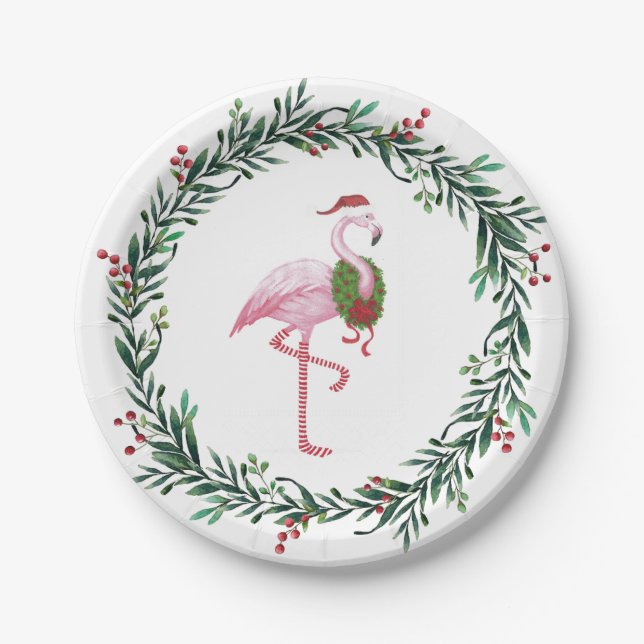 Christmas Flamingo and Wreath Party Paper Plates (Front)