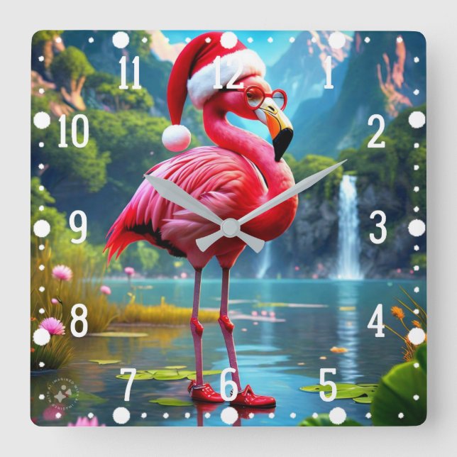 Christmas Flamingo As Santa Claus-47476 Square Wall Clock (Front)