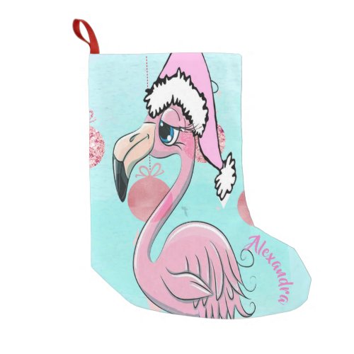 Christmas Flamingo Blue Pink Girly Cute Small Christmas Stocking