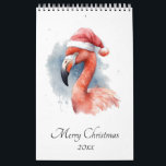 Christmas Flamingo customizable Calendar<br><div class="desc">Calendar with on the cover a watercolor painting of a pink flamingo wearing a pink winter christmas hat in christmas style. Each month has a different animal in watercolor.</div>