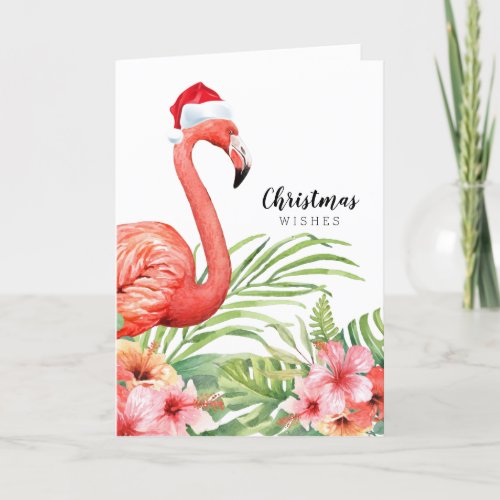 Christmas Flamingo Floral Greenery Wishes Holiday Card