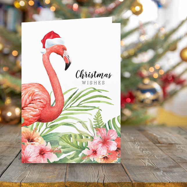 Christmas Flamingo Floral Greenery Wishes Holiday Card (Christmas Flamingo Floral Greenery Wishes Holiday Card)