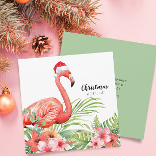 Christmas Flamingo Floral Greenery Wishes Holiday Card