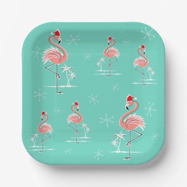 Christmas Flamingo Group square Paper Plates (Front)