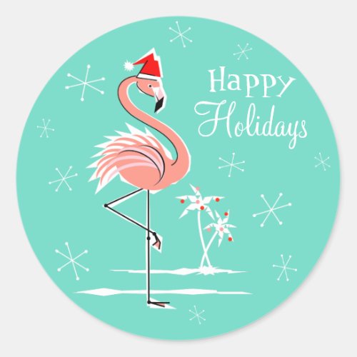 Christmas Flamingo Happy Holidays sticker round