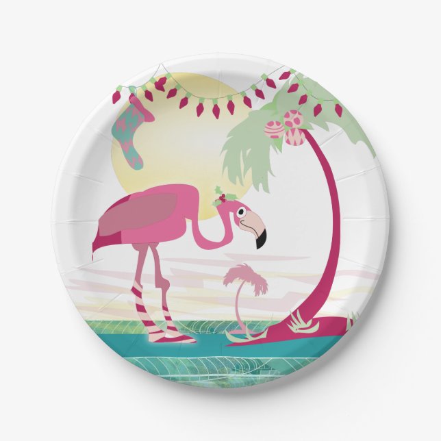 Christmas Flamingo Holiday Beach Scene Paper Plates (Front)