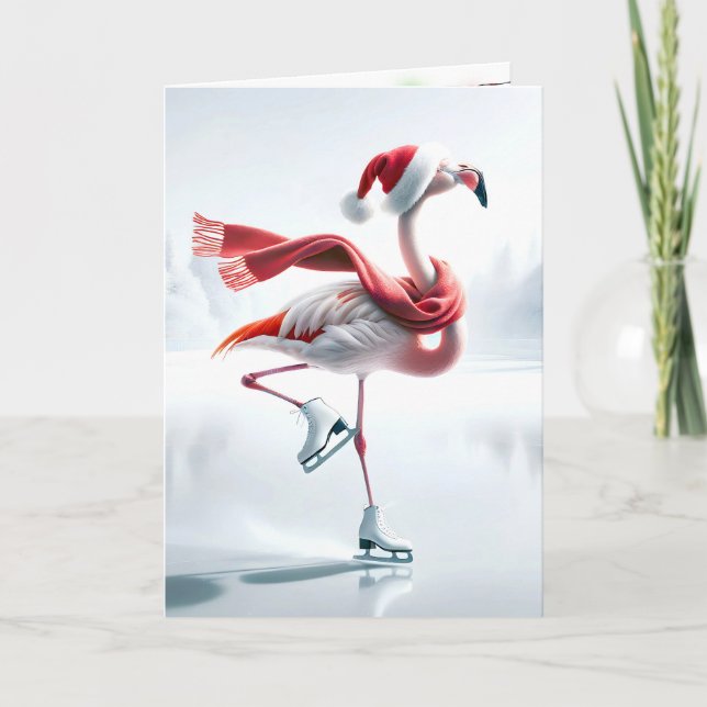 Christmas Flamingo Ice Skating Card (Front)