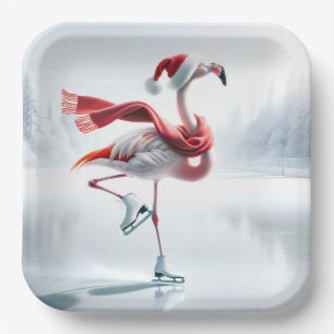 Christmas Flamingo Ice Skating Paper Plates
