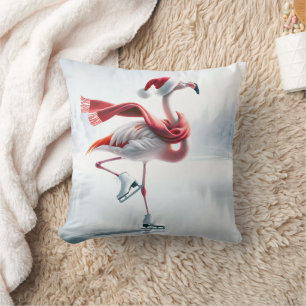 Christmas Flamingo Ice Skating Throw Pillow