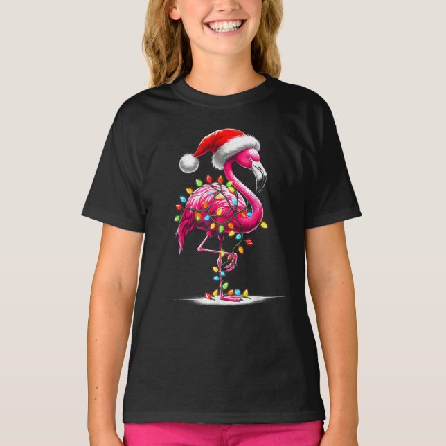 Christmas Flamingo Lover Santa Xmas T-Shirt (Front)