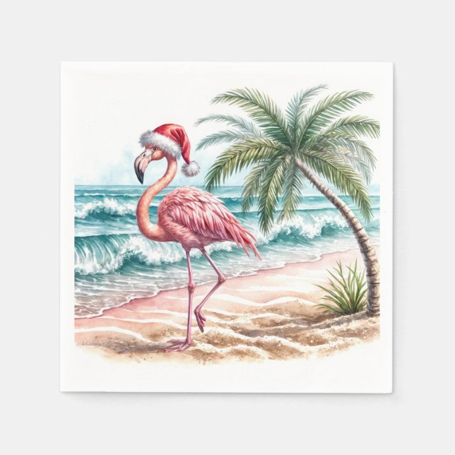 Christmas Flamingo On a Beach Napkins (Front)