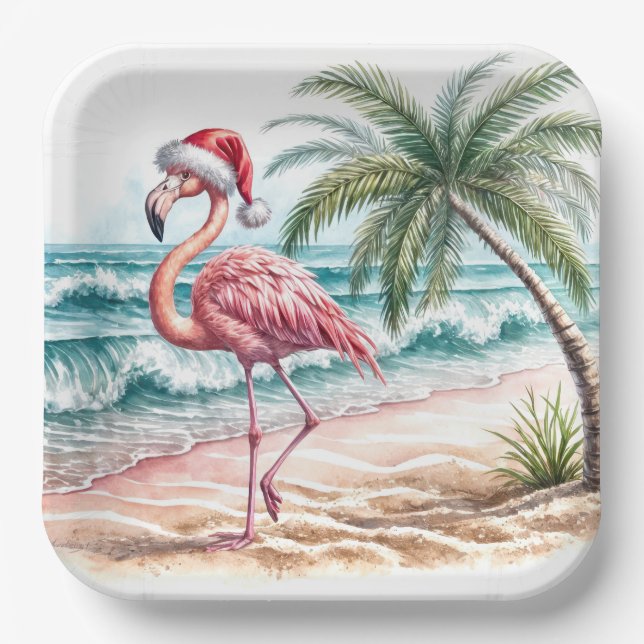 Christmas Flamingo On a Beach Paper Plates (Front)