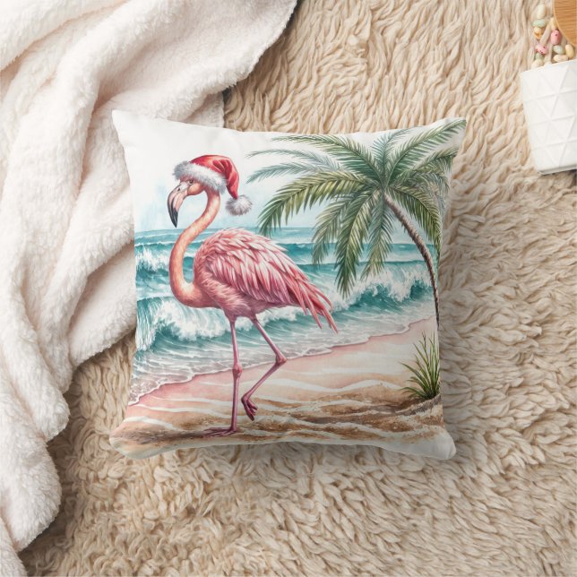 Christmas Flamingo On a Beach Throw Pillow (Blanket)