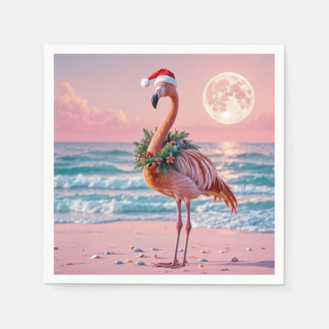 Christmas Flamingo On Pink Beach Napkins (Front)