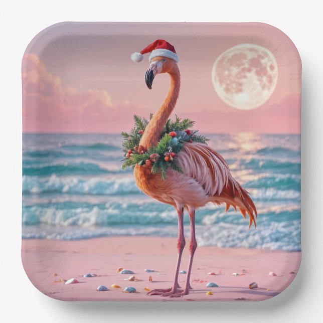 Christmas Flamingo On Pink Beach Paper Plates (Front)
