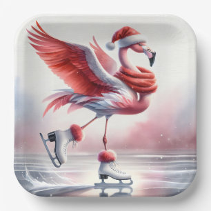 Christmas Flamingo On Skates Paper Plates