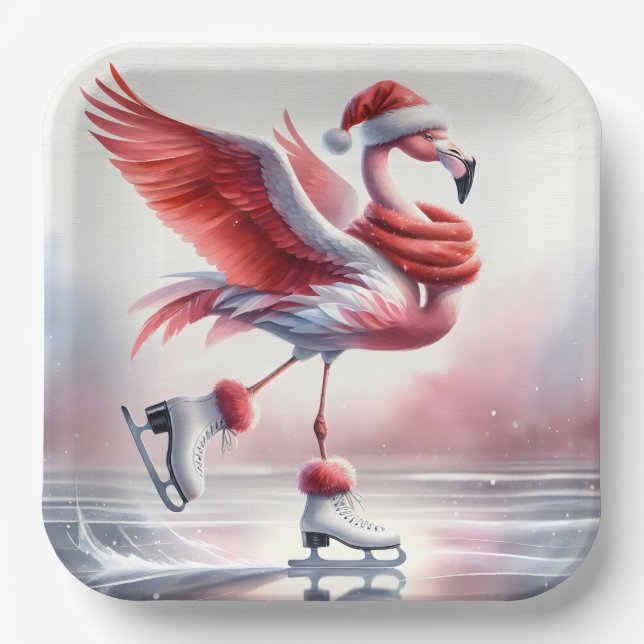 Christmas Flamingo On Skates Paper Plates (Front)
