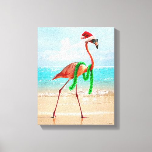 Christmas Flamingo on the Beach Canvas Print