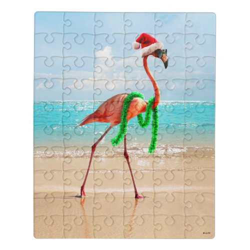 Christmas Flamingo on the Beach Jigsaw Puzzle