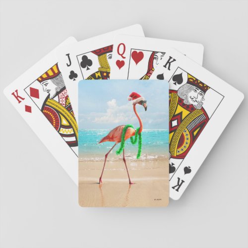 Christmas Flamingo on the Beach Poker Cards