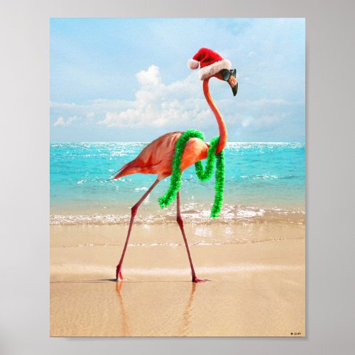 Christmas Flamingo on the Beach Poster