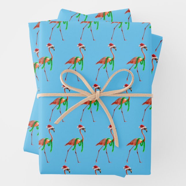 Christmas Flamingo on the Beach Wrapping Paper Sheets (In situ)