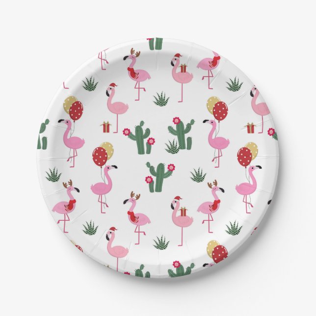 Christmas Flamingo Party | Holidays Paper Plates (Front)