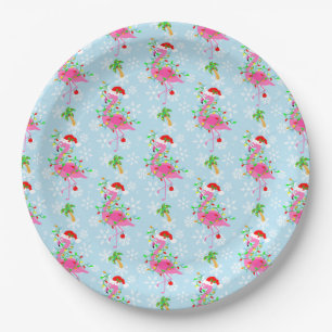 Christmas Flamingo Pattern Blue Paper Plates