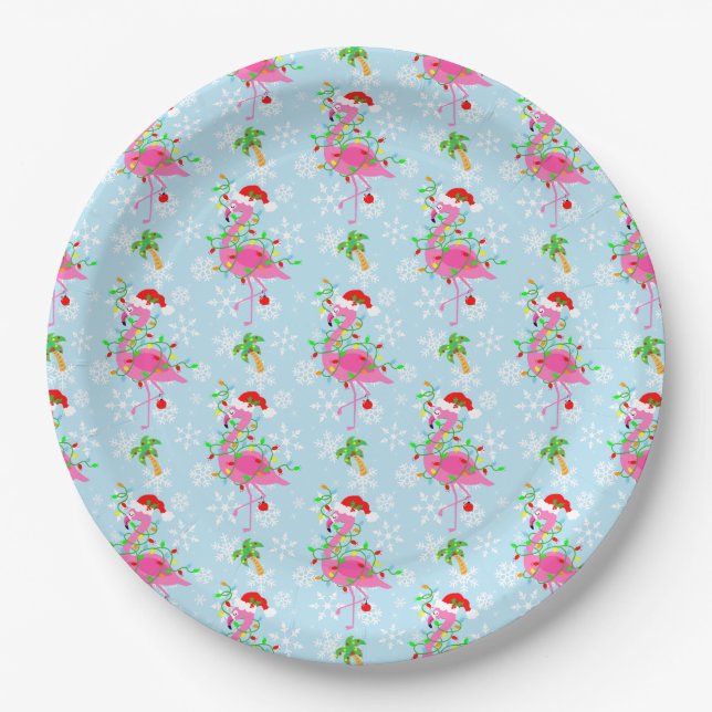 Christmas Flamingo Pattern Blue Paper Plates (Front)