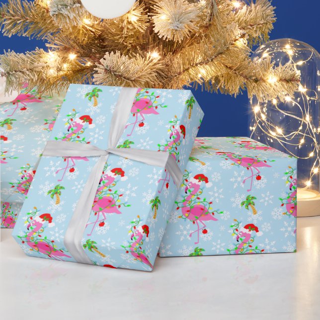 Christmas Flamingo Pattern Blue Wrapping Paper (Holidays)