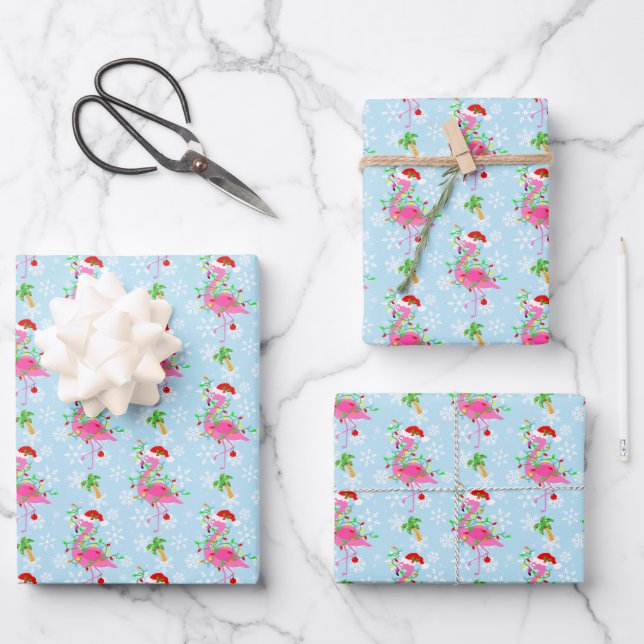 Christmas Flamingo Pattern Blue Wrapping Paper Sheets (Front)