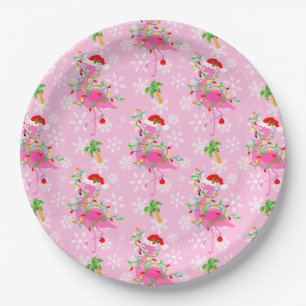 Christmas Flamingo Pattern Pink Paper Plates
